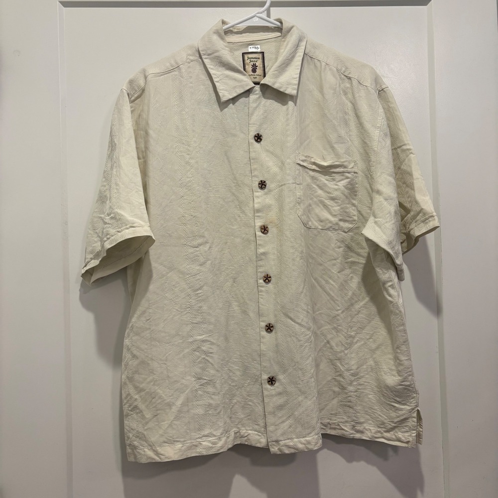 Jamaica Jaxx Mens Large 100% Silk Jacquard Short Sleeve Button Down Shirt Cream